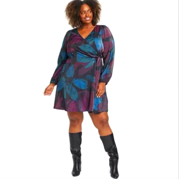 NWT Ava & Viv Balloon Long Sleeve Midi Wrap Dress In Black Floral Size 1X - Picture 4 of 11